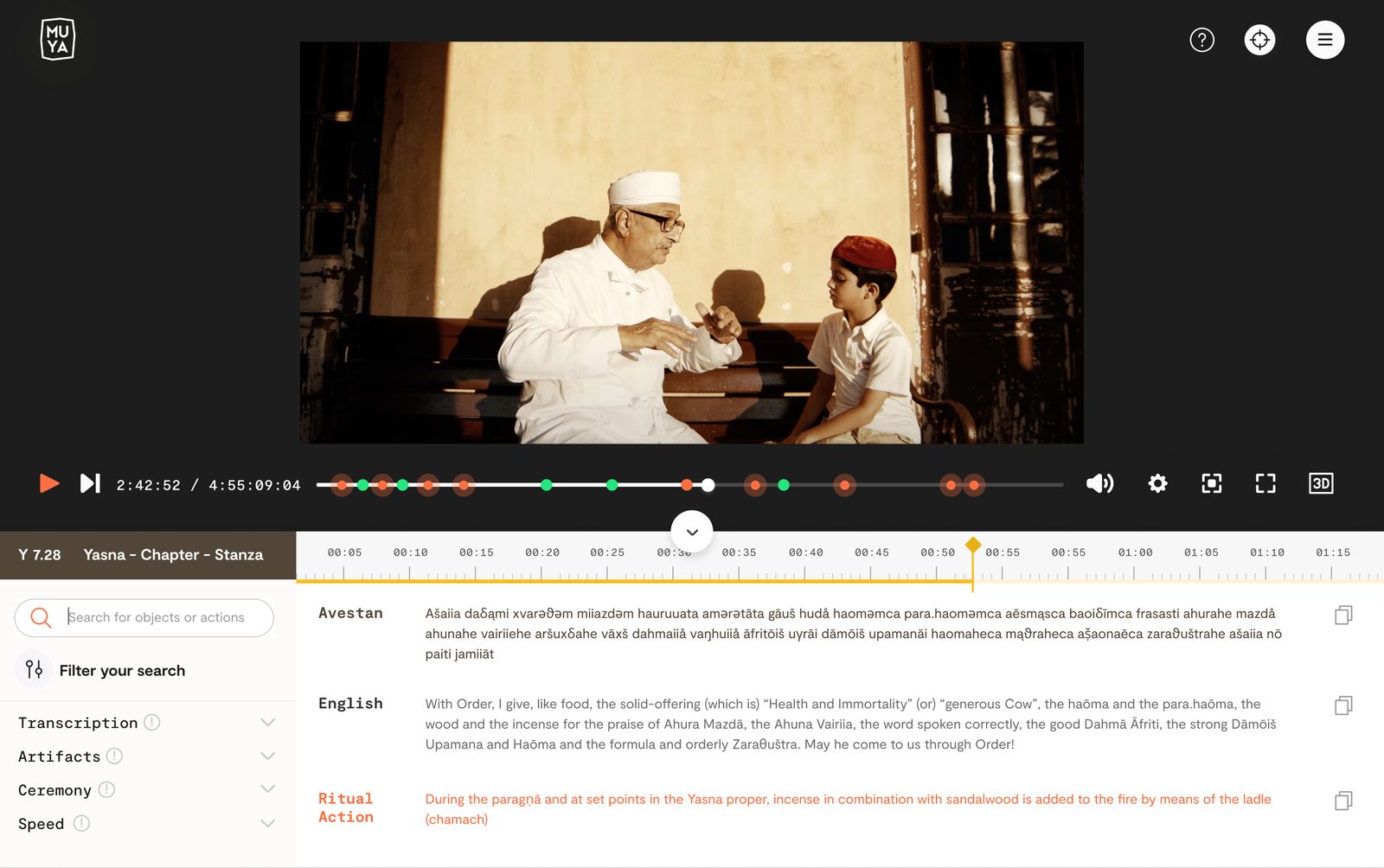 The shipped MUYA platform: film player with chapter timeline, search filters, and synchronized Avestan and English text layers
