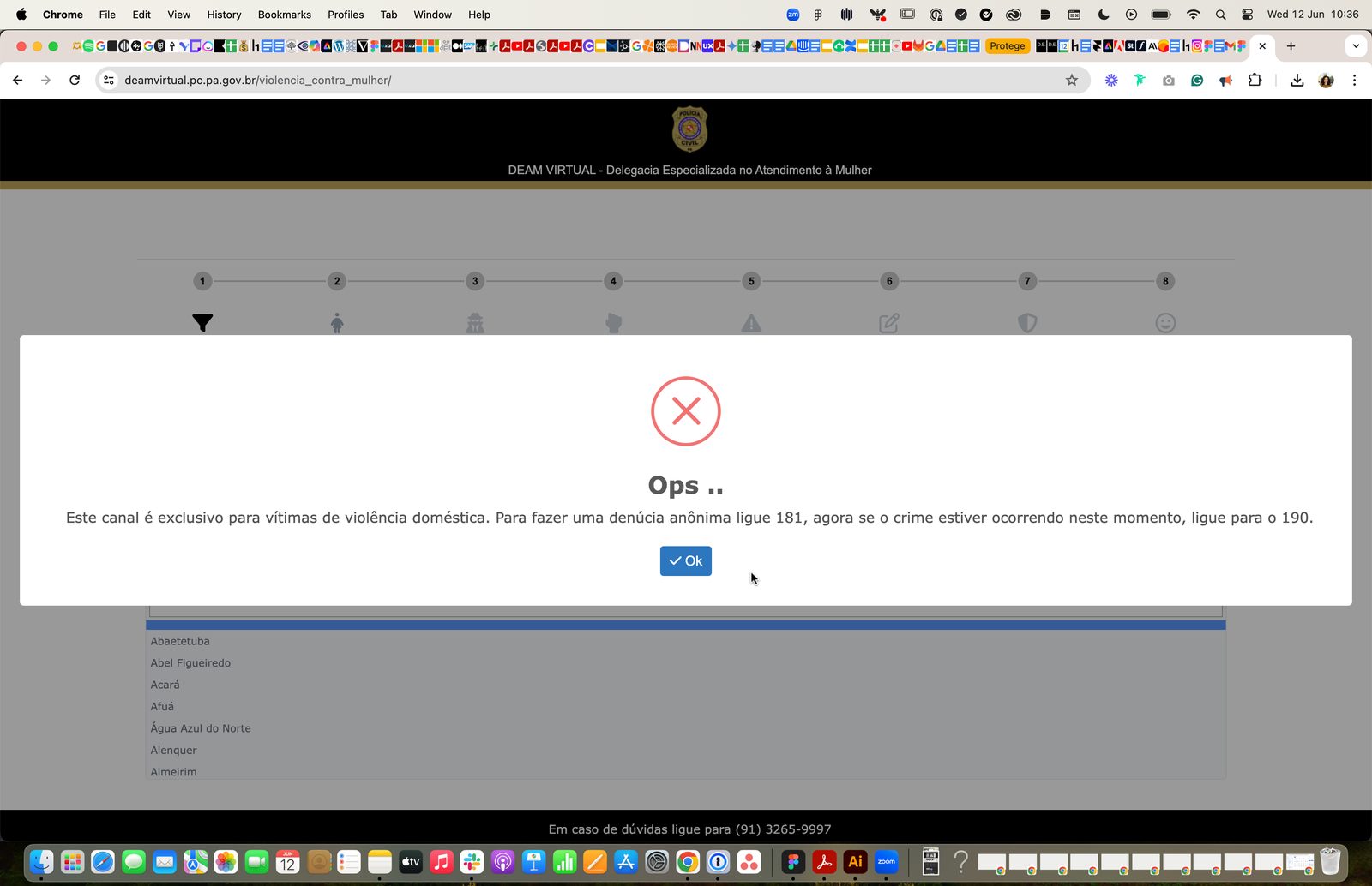Benchmark research: the legacy DEAM Virtual reporting channel showing an 8-step form ending in a rejection modal