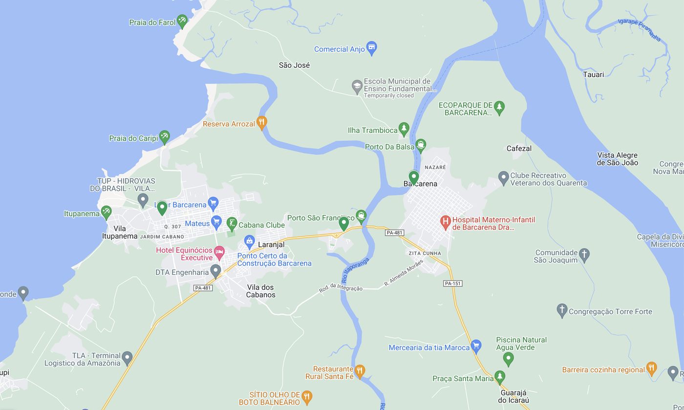 Map of Barcarena and its riverine districts with marked locations